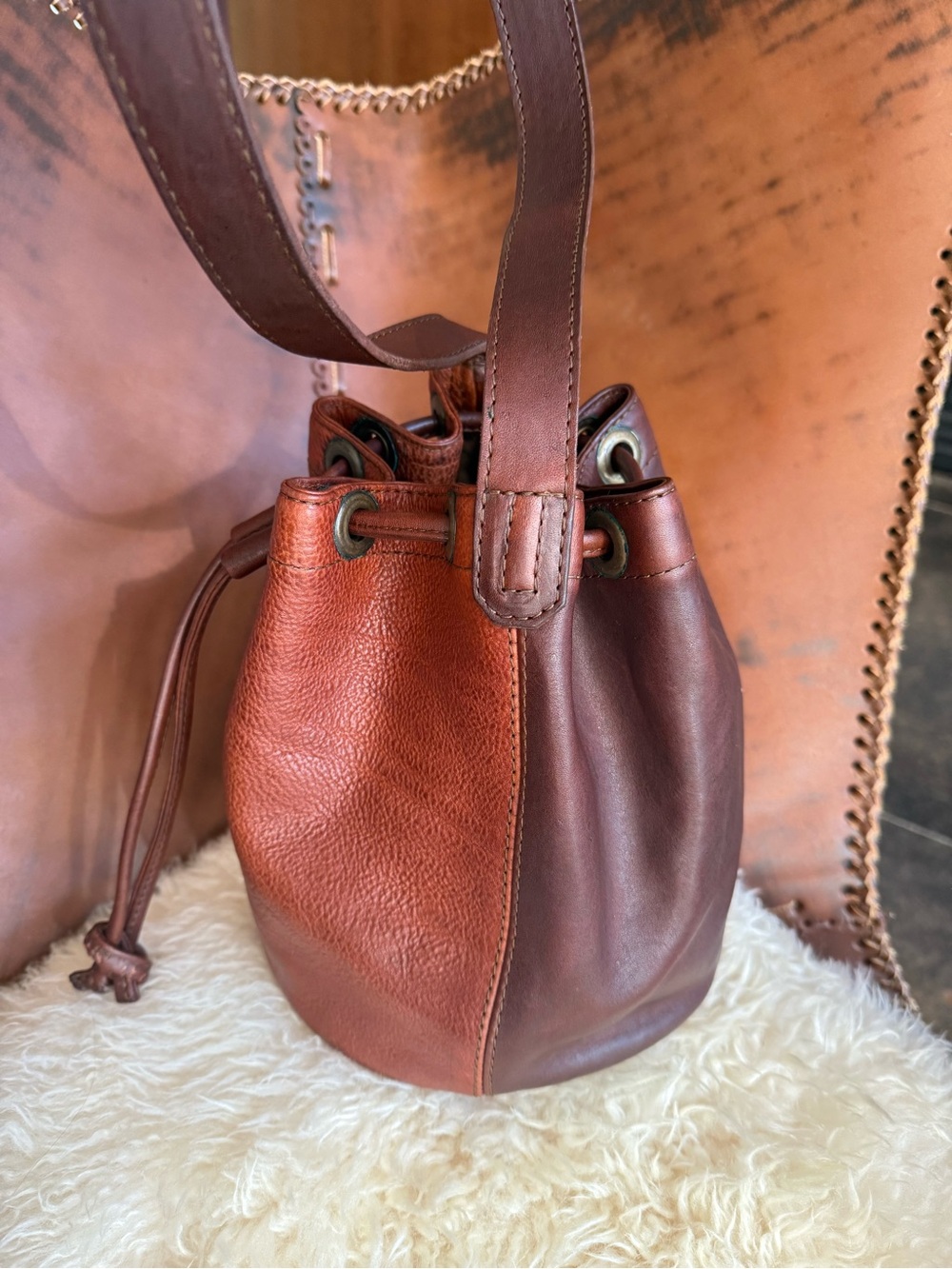 Women's Two-Tone -Two Texture Brown Leather Bucket Bag, artisan made, beautiful